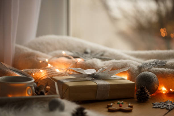 istock Flat lay of Christmas knick-knacks on a wooden table 1278494871