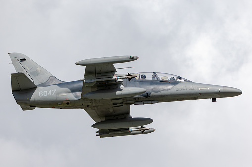 Payerne, Switzerland - September 1, 2014: Czech Air Force Aero L-159 ALCA light combat aircraft departing Payerne airport.