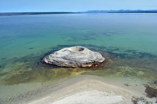 A view of Fishing Cone Geyser at West Thumb in Yellowstone National Park.