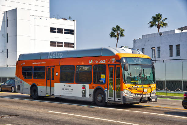 Los Angeles Metro bus running at Beverly Hills stock photo