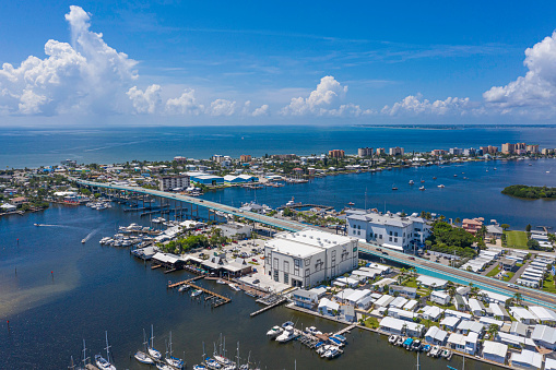 Historic, iconic Boca Chita lighthouse at the entrance to Boca Chita Key Harbor at Biscayne National Park in Florida