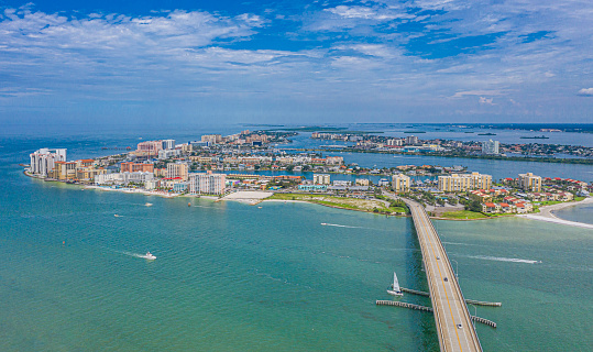 Drone angle view of Clearwater Beach and Bridge.