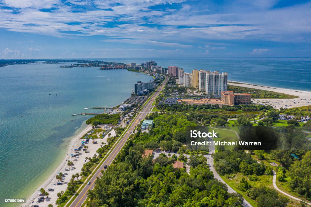 Florida Beach Aerial Aerial drone photo of beach and condos near St. Petersburg and Clearwater Beach, Florida. Florida - US State Stock Photo