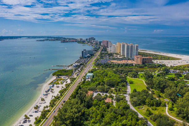 Florida Beach Aerial Aerial drone photo of beach and condos near St. Petersburg and Clearwater Beach, Florida. clearwater florida photos stock pictures, royalty-free photos & images