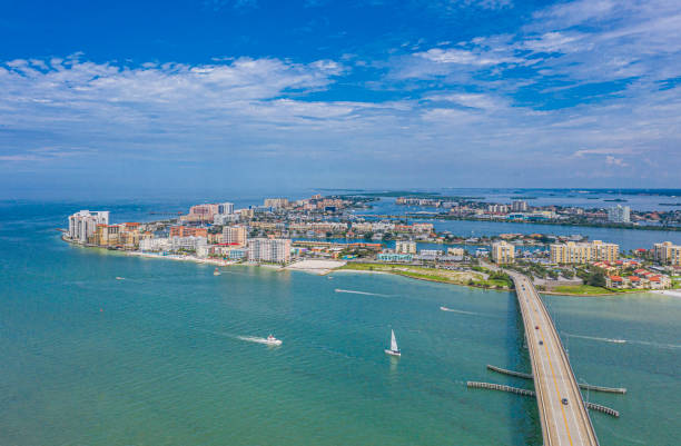 Clearwater Beach, Florida Aerial Drone Drone angle view of Clearwater Beach and Bridge. clearwater florida photos stock pictures, royalty-free photos & images