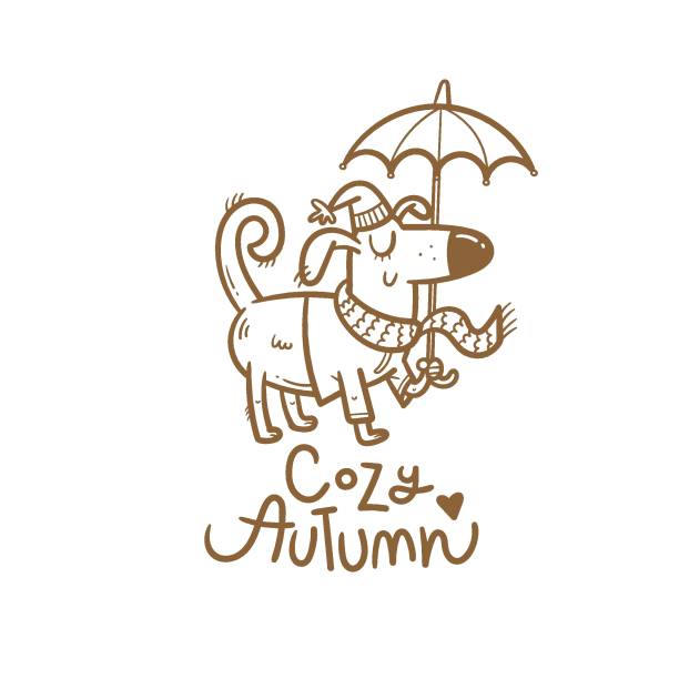 осенняя открытка с милой мультяшной собакой. щенок в пальто и шляпе с зонтиком. иллюстрация для детей. векторный контур изображения не запо� - cartoon umbrella dog care stock illustrations