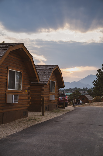 Estes Park, Colorado - September 18, 2020: Camping cabins at the KOA (Kampgrounds of America) during sunset in autumn
