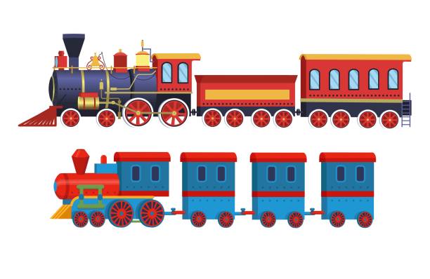 ilustraciones, imágenes clip art, dibujos animados e iconos de stock de trenes de juguetes de dibujos animados. ilustración vectorial aislada sobre fondo blanco. - steam train