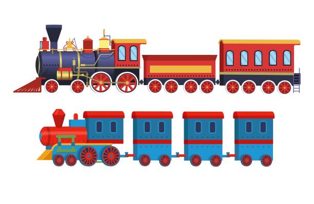 ilustrações, clipart, desenhos animados e ícones de trens de brinquedos de desenho animado. ilustração do vetor isolada em fundo branco. - locomotiva a vapor