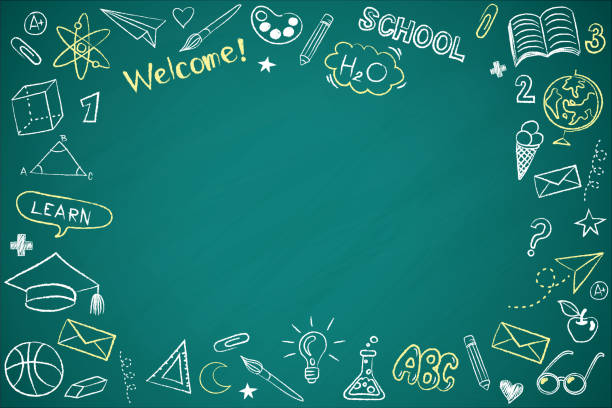 ベクトルフレームは、緑の黒板に教育落書きアイコンのシンボルで学校に戻ります。eps10. - いたずら書き点のイラスト素材／クリップアート素材／マンガ素材／アイコン素材