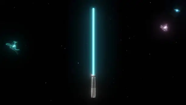 Minimal style saber grip of a blue light saber with star field in background (3D Rendering)