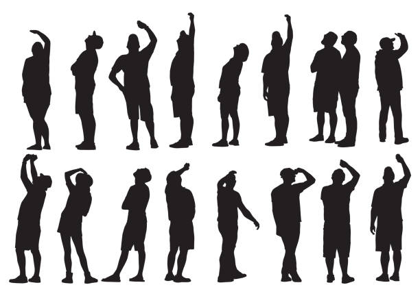 illustrazioni stock, clip art, cartoni animati e icone di tendenza di persone che cercano sagome - woman with arms raised back view