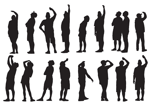 Vector illustration of seventeen different people looking up into the air.