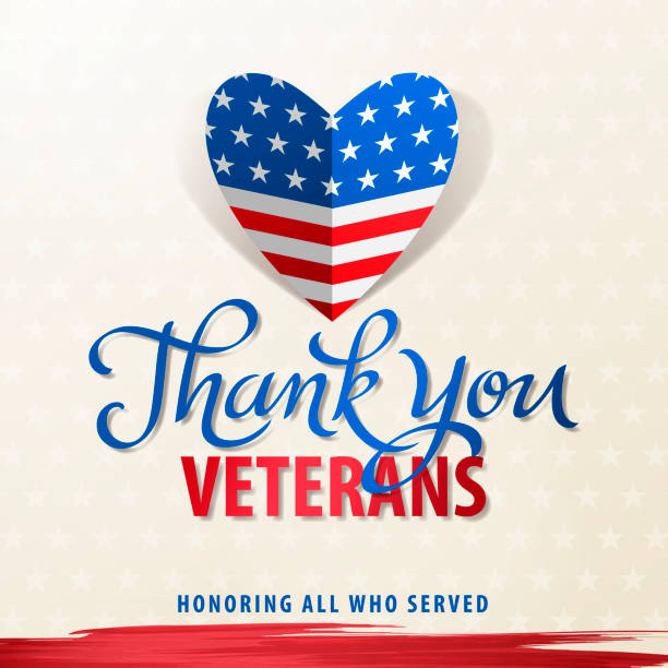 Thank You Veterans We love and honor our veterans who served in the United States in all wars with folded heart shape in American flag pattern thank you veterans day stock illustrations