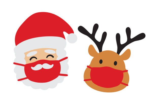 Santa Claus and Reindeer with Face Mask Vector Vector illustration of Santa clause and reindeer wearing a face mask during the pandemic. santa claus illustrations stock illustrations