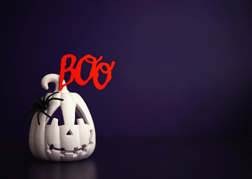 Halloween background with white Jack O'Lantern and spider