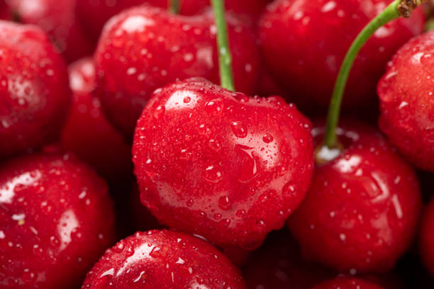 Raw Red Organic Cherries.water drops