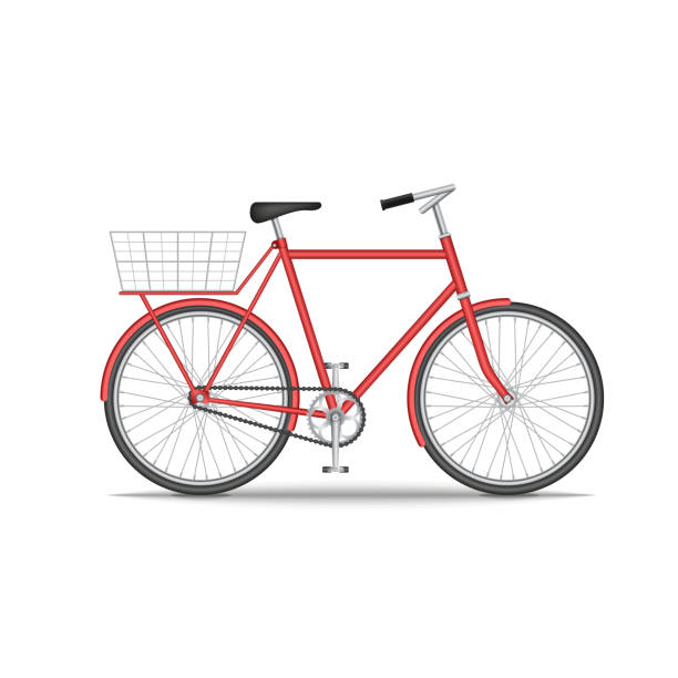 ilustrações de stock, clip art, desenhos animados e ícones de city old bike with a basket on the trunk isolated on white background, red bicycle realistic 3d model vector illustration, environmentally friendly transport. - bicycle isolated basket red