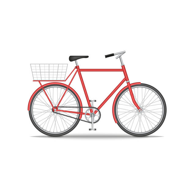 городской старый велосипед с корзиной на багажнике изолирован на белом фоне, красный велосипед реалистичной 3d модели вектор иллюстрации, э - bicycle isolated basket red stock illustrations