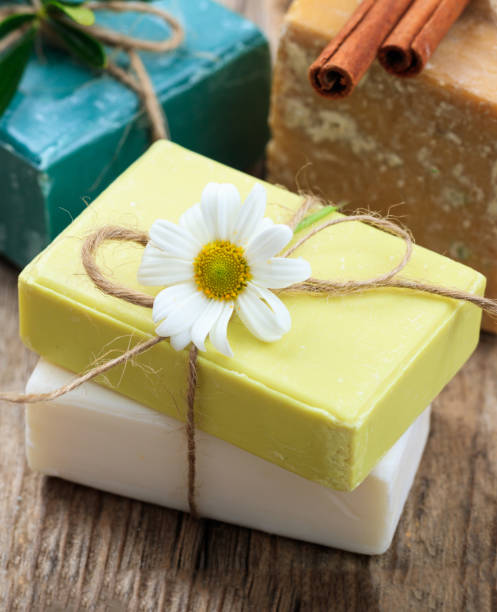 istock Soap bars chamomile, closeup view. Natural herbal beauty products 1278520189