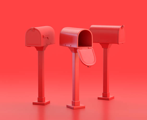 monochrome einzelne rote farbe outdoor-postfach in rotem hintergrund, einzelne farbe, 3d-symbol, 3d-rendering - mailbox mail box side view stock-fotos und bilder