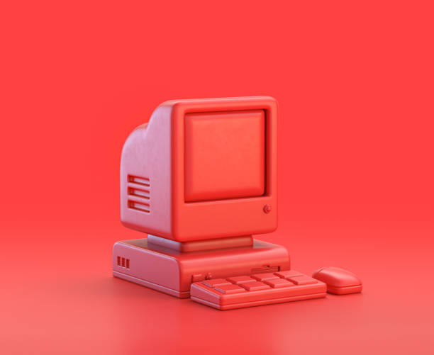 istock monochrome single color red 3d Icon, an old computer with keyboard and mouse in red background,single color, 3d rendering 1278522154