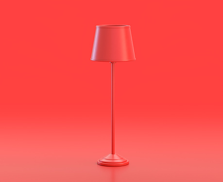 monochrome single red color  tall floor lamp  in red background,single color, 3d Icon, 3d rendering, household objects