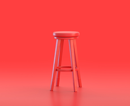 monochrome single red color tall stool in red background,single color, 3d Icon, 3d rendering, household objects