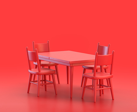 monochrome single red color dinner table  in red background,single color, 3d Icon, 3d rendering, household objects