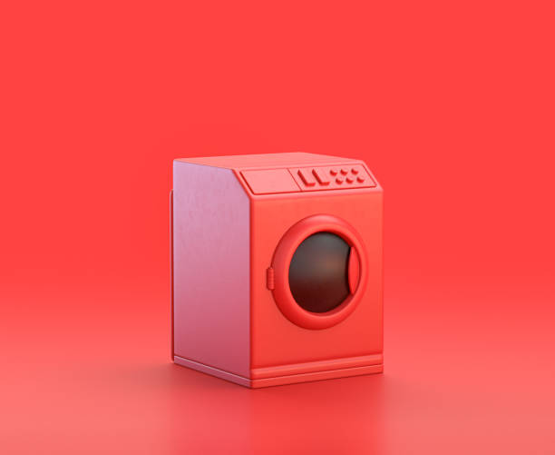 istock monochrome single color red washing machine in red background,  3d Icon, single red color, 3d rendering 1278523379