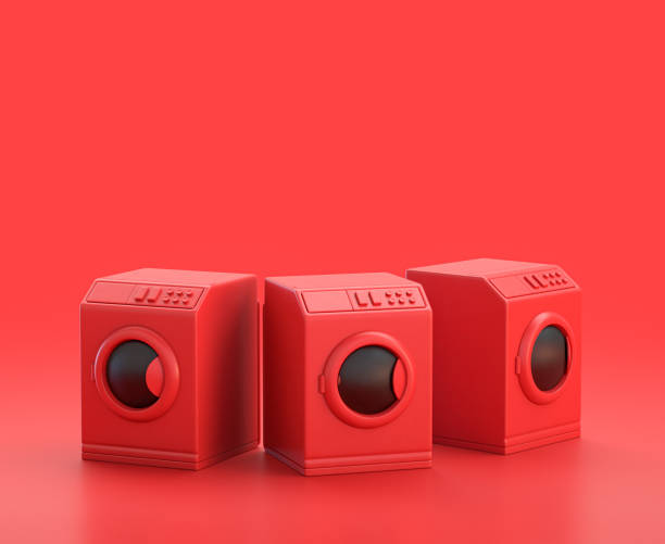 istock monochrome single color red washing machine in red background,  3d Icon, single red color, 3d rendering 1278523409
