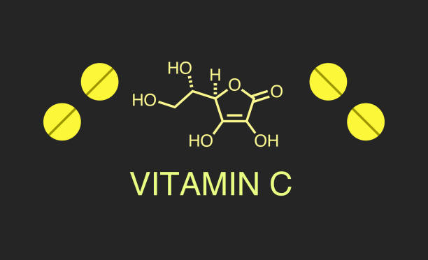 Vitamin C Yellow pill and structure of Vitamin C (ascorbic acid). vitamin c chemical formula stock illustrations