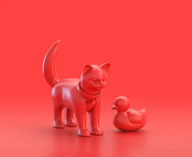 Photo of A cat and a rubber ducky figurines in red background, monochrome single color red 3d Icon, 3d rendering