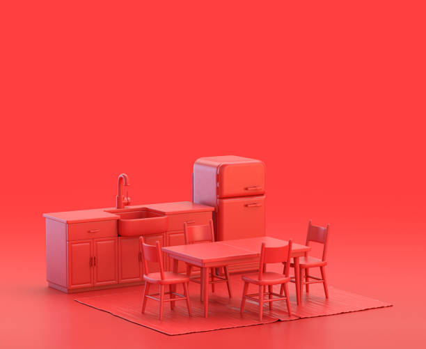 istock kitchen with refrigerator and dinner table in red background, monochrome single color red 3d Icon, 3d rendering 1278524144