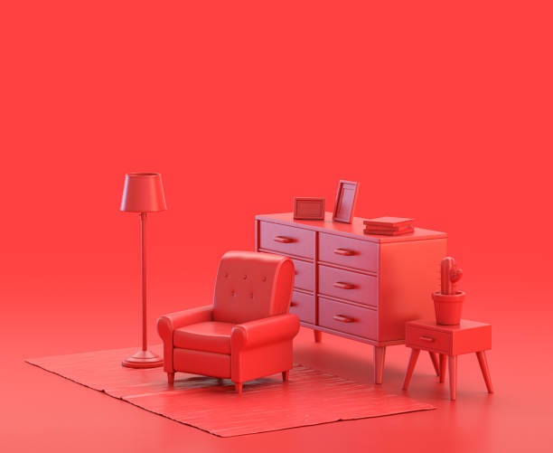 istock miniature interior room with sofa in red background, monochrome single color red 3d Icon, 3d rendering 1278524182