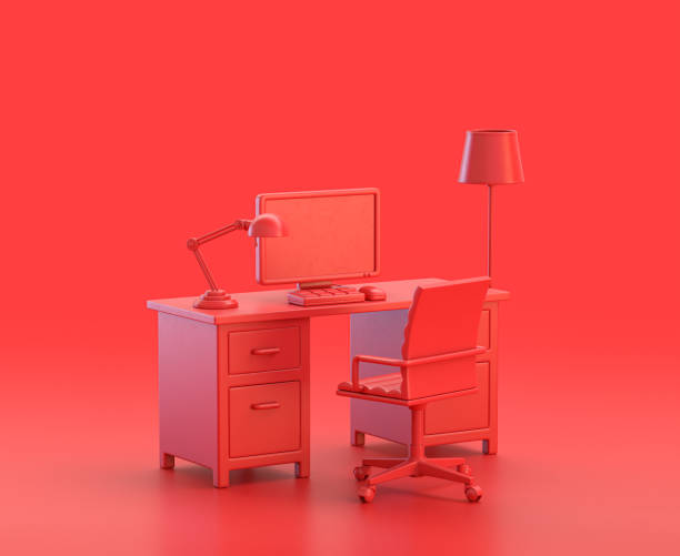 책상, 컴퓨터, 의자가 빨간 배경, 흑백 단일 컬러 레드 3d 아이콘, 3d 렌더링이 있는 사무실 - household item 뉴스 사진 이미지