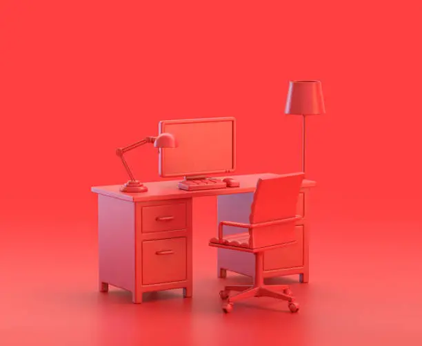 office room with desk, computer and chair in red background, monochrome single color red 3d Icon, 3d rendering