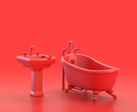 monochrome red bathtub and sink , 3d Icon in flat color red background,single color red,3d rendering, bathroom objects