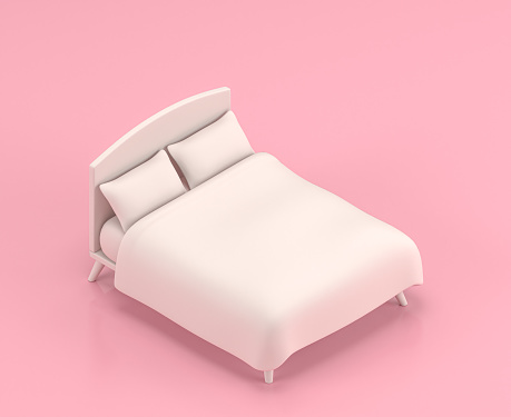 a monochrome white bed, Isometric 3d Icon in flat color pink background,single color white, 3d rendering, cute toylike household objects