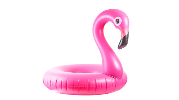 druk flamingo. różowy basen nadmuchiwane flamingi na letnią plażę odizolowaną na białym tle. minimalistyczna letnia koncepcja. - blue mattress vacations toy zdjęcia i obrazy z banku zdjęć