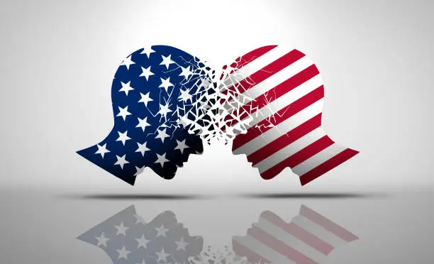 United States debate and US social issues argument or political war as an American culture conflict with two opposing sides as conservative and liberal political dispute and ideology in a 3D illustration style.