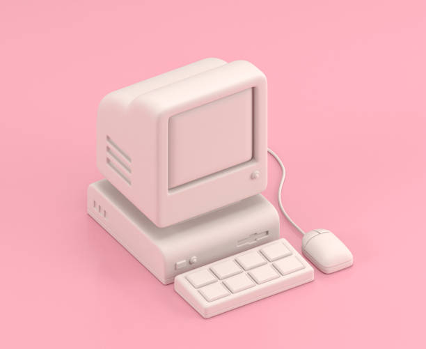 istock Isometric 3d Icon, an old computer with keyboard and mouse in flat color pink room,single color white, cute toylike household objects, 3d rendering 1278525194