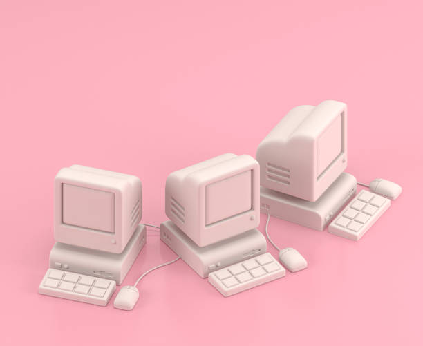 istock Isometric 3d Icon, three old computers with keyboard and mouse in flat color pink room,single color white, cute toylike household objects, 3d rendering 1278525319