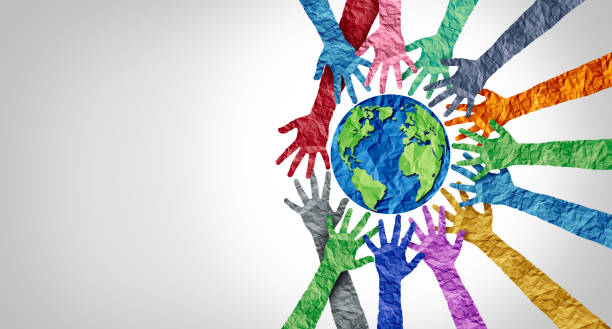 Global Culture Global culture and world diversity or earth day and international cultures as a concept of diverse races and crowd cooperation symbol as hands holding together the planet earth. charity and relief work stock pictures, royalty-free photos & images