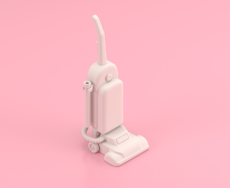 Isometric 3d Icon, a group of white retro  hoover machine in flat color pink room,single color white, toylike household, cute miniature objects, 3d rendering