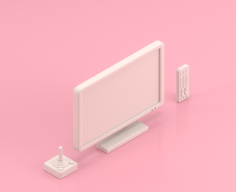 Isometric 3d Icon, a group of white  tv, remote and joystick in flat color pink room,single color white, toylike household, cute miniature objects, 3d rendering