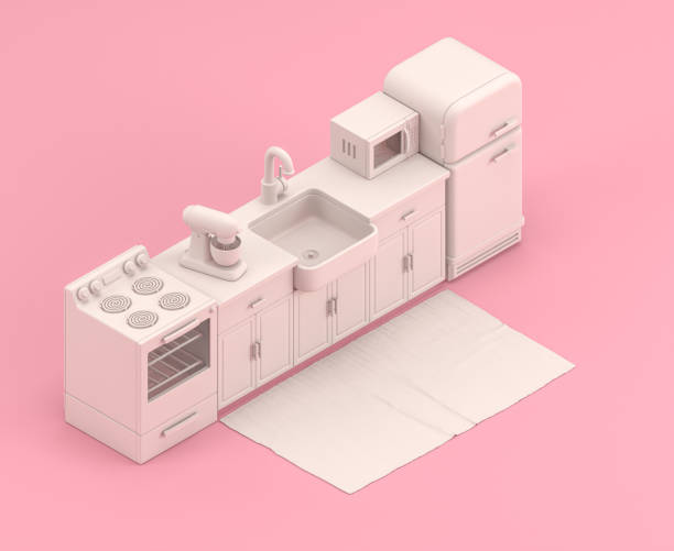 istock Isometric kitchen with refrigerator, 3d Icon in flat color pink room,single color white,3d rendering 1278526658