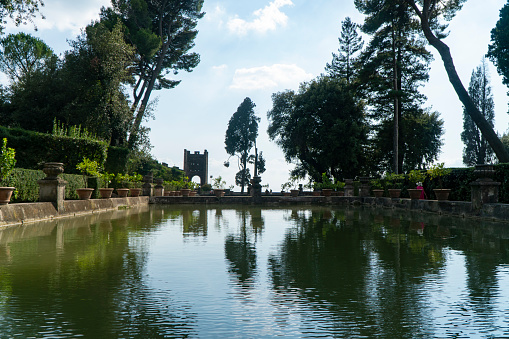 Tivoli, Italy - August, 2020 - view of trees that are reflected in the water of the main pool of the gardens of villa d'este