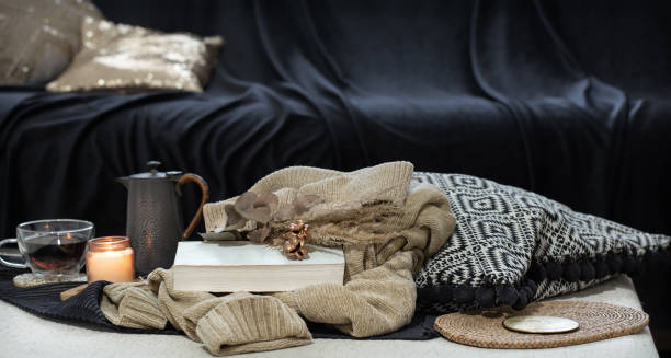 istock Still life with home decor details in the foreground on dark background 1278530816
