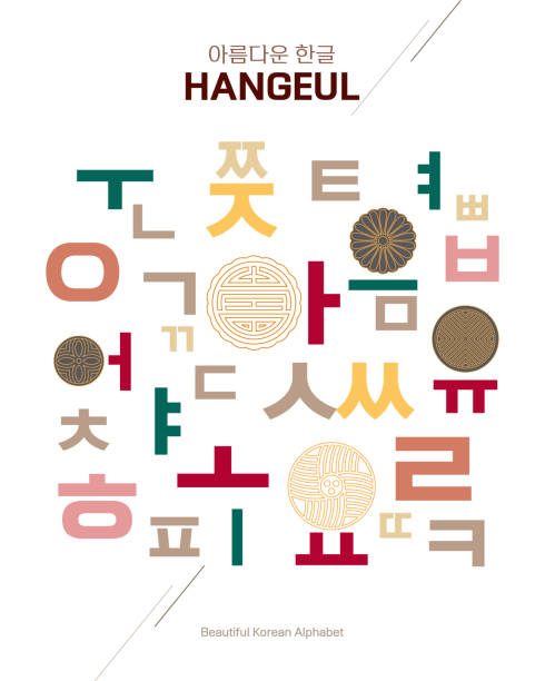 koreanisches alphabet 'hangeul' in verschiedenen farben gesetzt. isoliert auf weißem hintergrund. vektorbild. - koreanisches schriftzeichen stock-grafiken, -clipart, -cartoons und -symbole